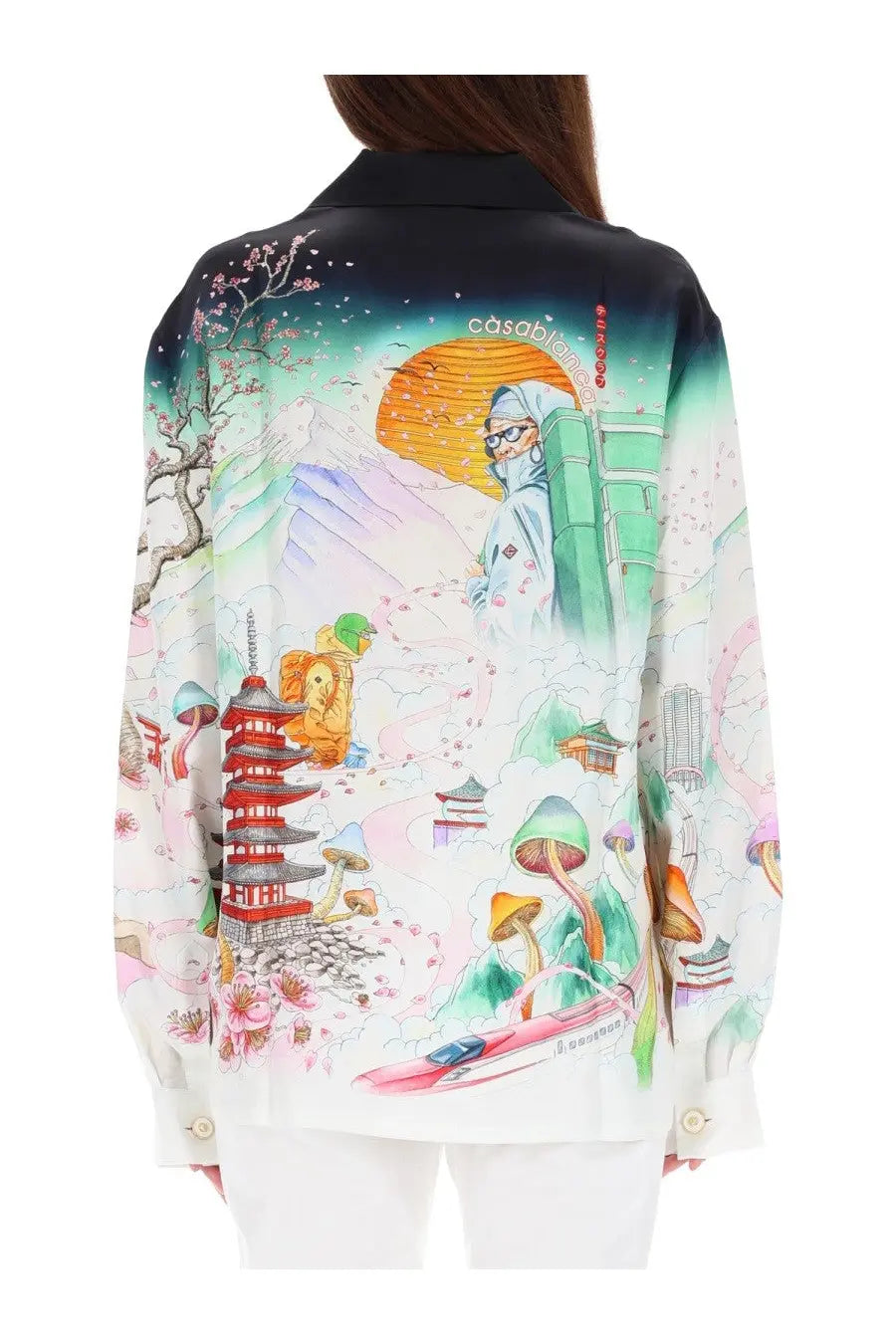 Casablanca women’s multicolor silk blouse with long sleeves featuring cherry blossoms mushrooms pagodas and orange sun design