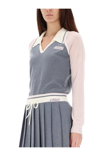Casablanca women’s long sleeve tennis polo shirt silver with gray knit sweater dress white collar and matching belt