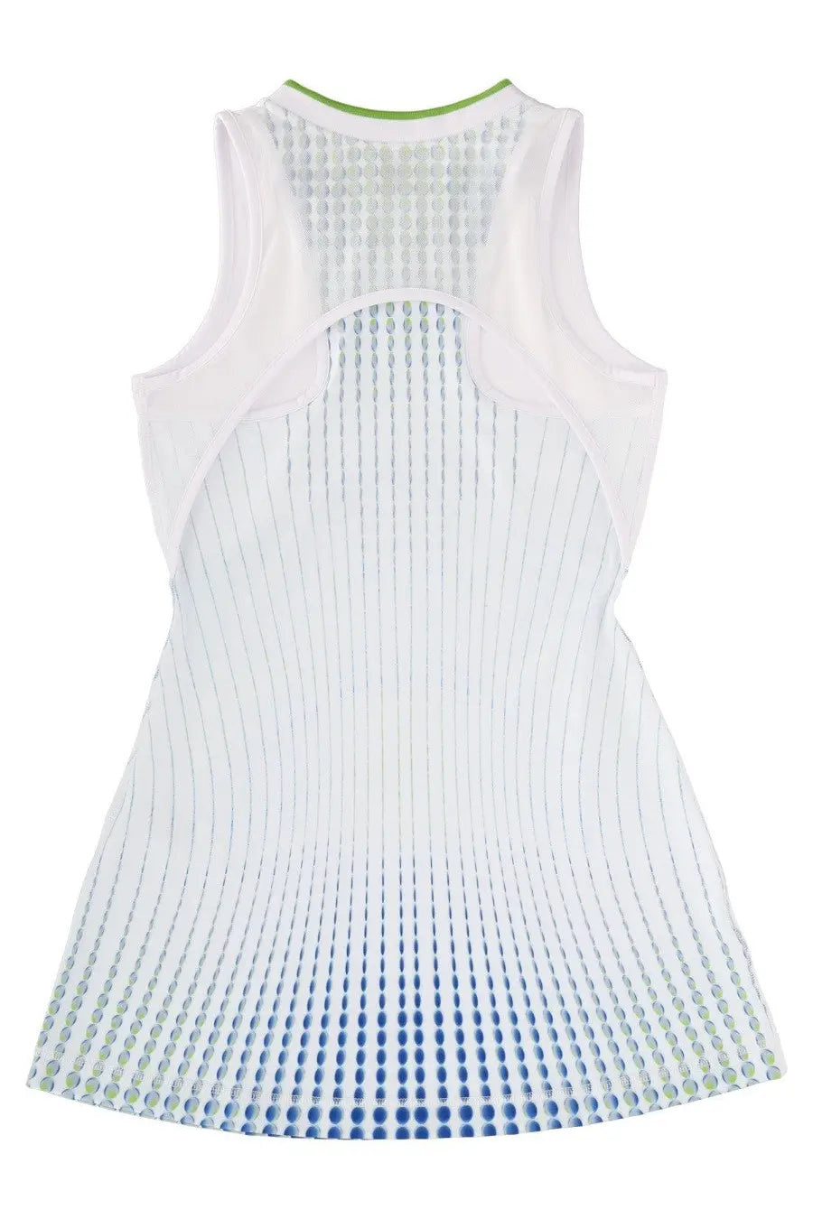 Casablanca women’s mini tennis dress is white sleeveless with gradient blue green pattern breathable mesh panels and ribbed texture