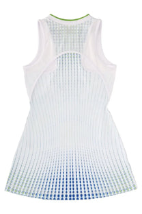 Casablanca women’s mini tennis dress is white sleeveless with gradient blue green pattern breathable mesh panels and ribbed texture