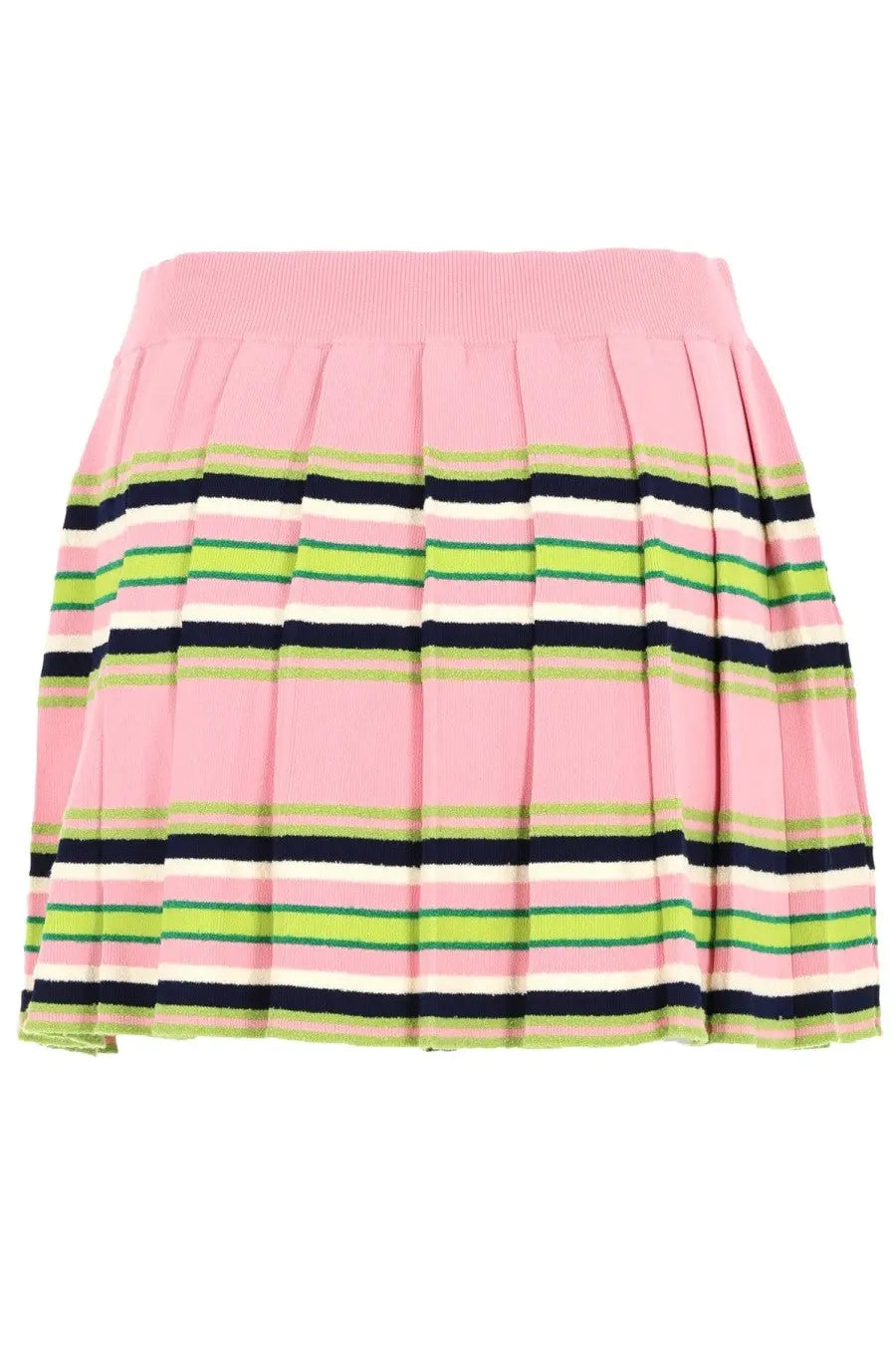 Casablanca women’s minigonna viscosa pleated skirt with pink base and horizontal lime green navy blue off-white stripes