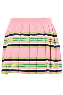 Casablanca women’s minigonna viscosa pleated skirt with pink base and horizontal lime green navy blue off-white stripes