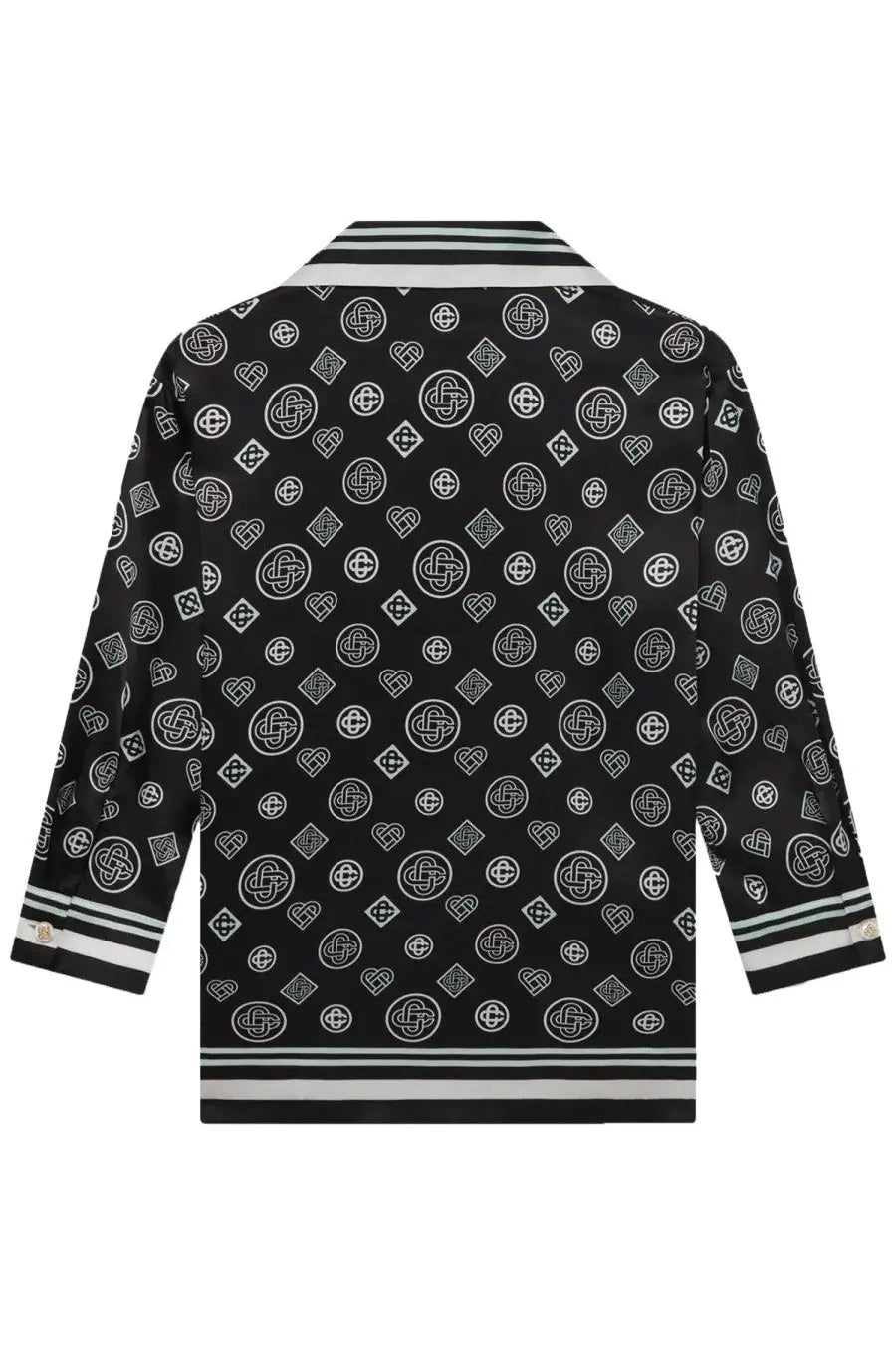Casablanca women’s black satin pajama shirt with white geometric heart motifs and striped cuffs and collar
