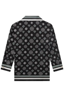 Casablanca women’s black satin pajama shirt with white geometric heart motifs and striped cuffs and collar