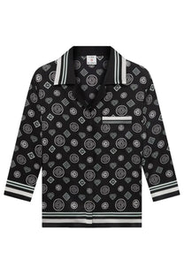 Casablanca women’s monogram black silk pajama shirt with white geometric heart patterns and striped collar and cuffs
