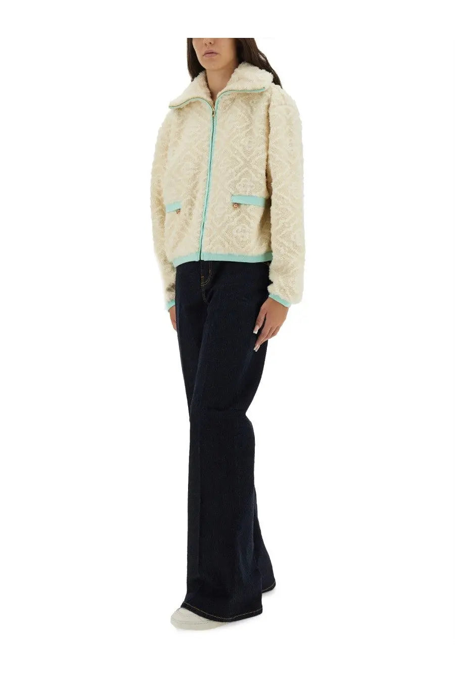 Casablanca women’s monogrammed fleece jacket in cream shearling with light blue zipper and trim
