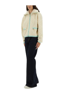 Casablanca women’s monogrammed fleece jacket in cream shearling with light blue zipper and trim