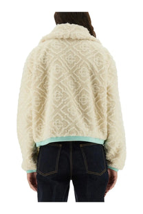 Casablanca women’s monogrammed fleece jacket white cream-colored shearling with diamond pattern and mint green trim