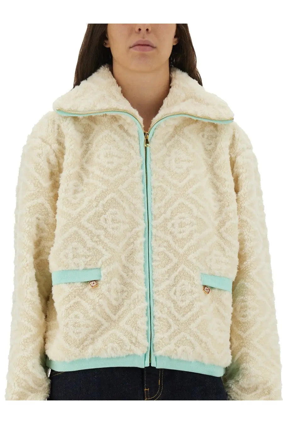 Casablanca women’s monogrammed fleece jacket in cream shearling with geometric pattern and mint green trim on zipper and pockets