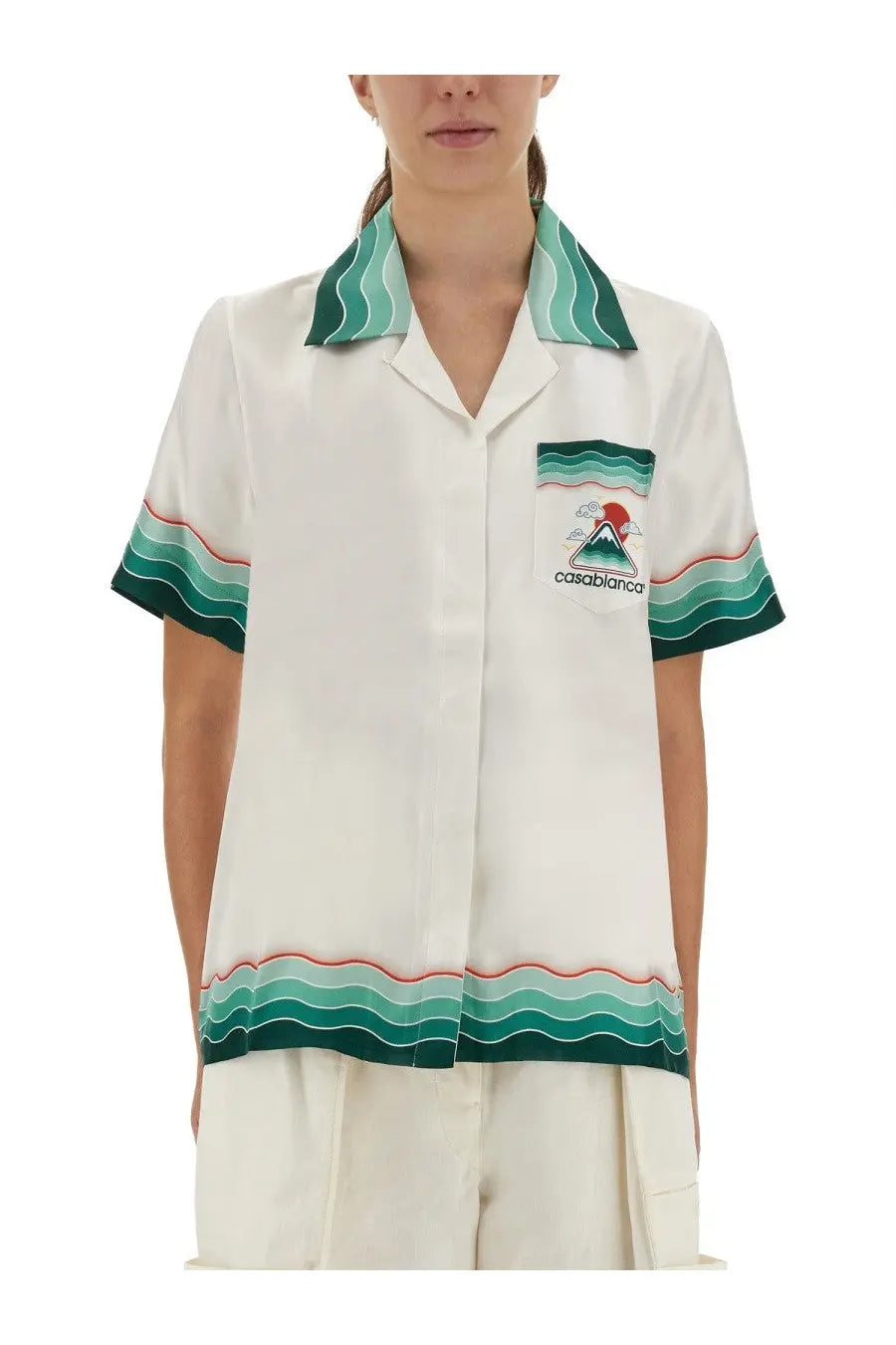 Casablanca women’s montagne ondulé shirt white short-sleeved button-up with teal and red wavy trim and logo patch