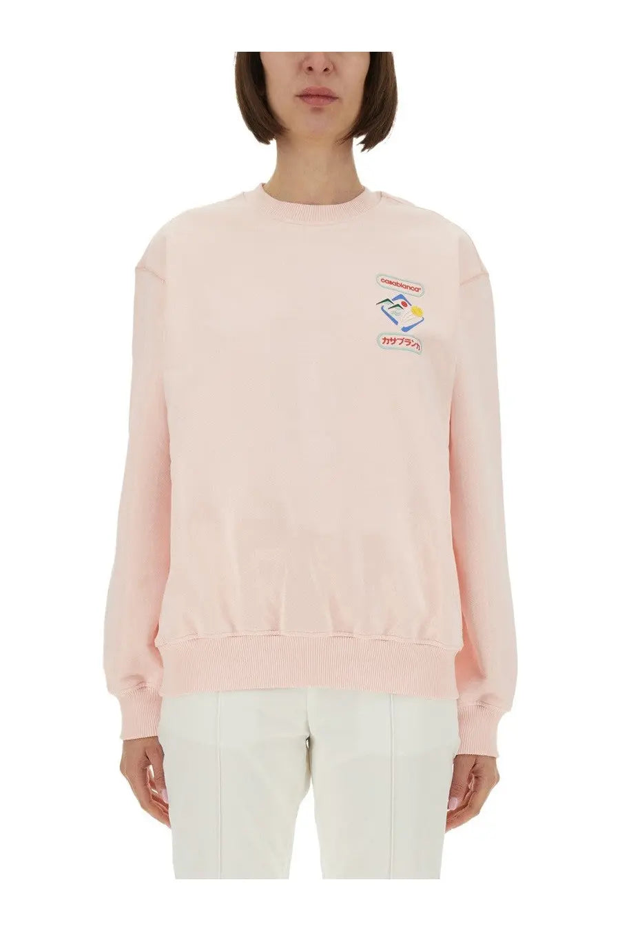 Casablanca women’s soft pink long-sleeved sweatshirt with ribbed hem cuffs and colorful chest patch