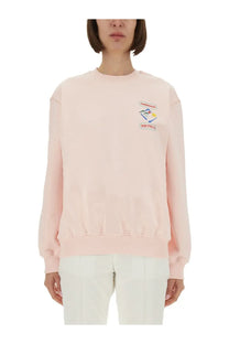 Casablanca women’s soft pink long-sleeved sweatshirt with ribbed hem cuffs and colorful chest patch