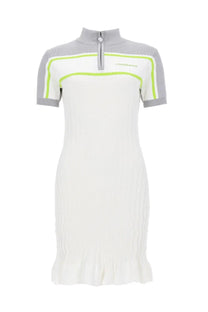 Casablanca women’s polo shirt dress tennis white in white knit with gray sleeves lime green trim half-zip neckline and ruffled hem