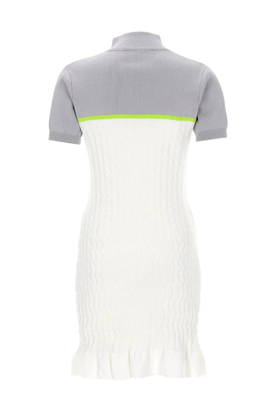 A stylish white and gray ribbed knit Casablanca women’s polo shirt dress with lime green stripe and ruffled hem