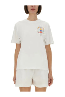 White cotton Casablanca women’s regular fit t-shirt with colorful embroidered casa way logo and floral design on chest