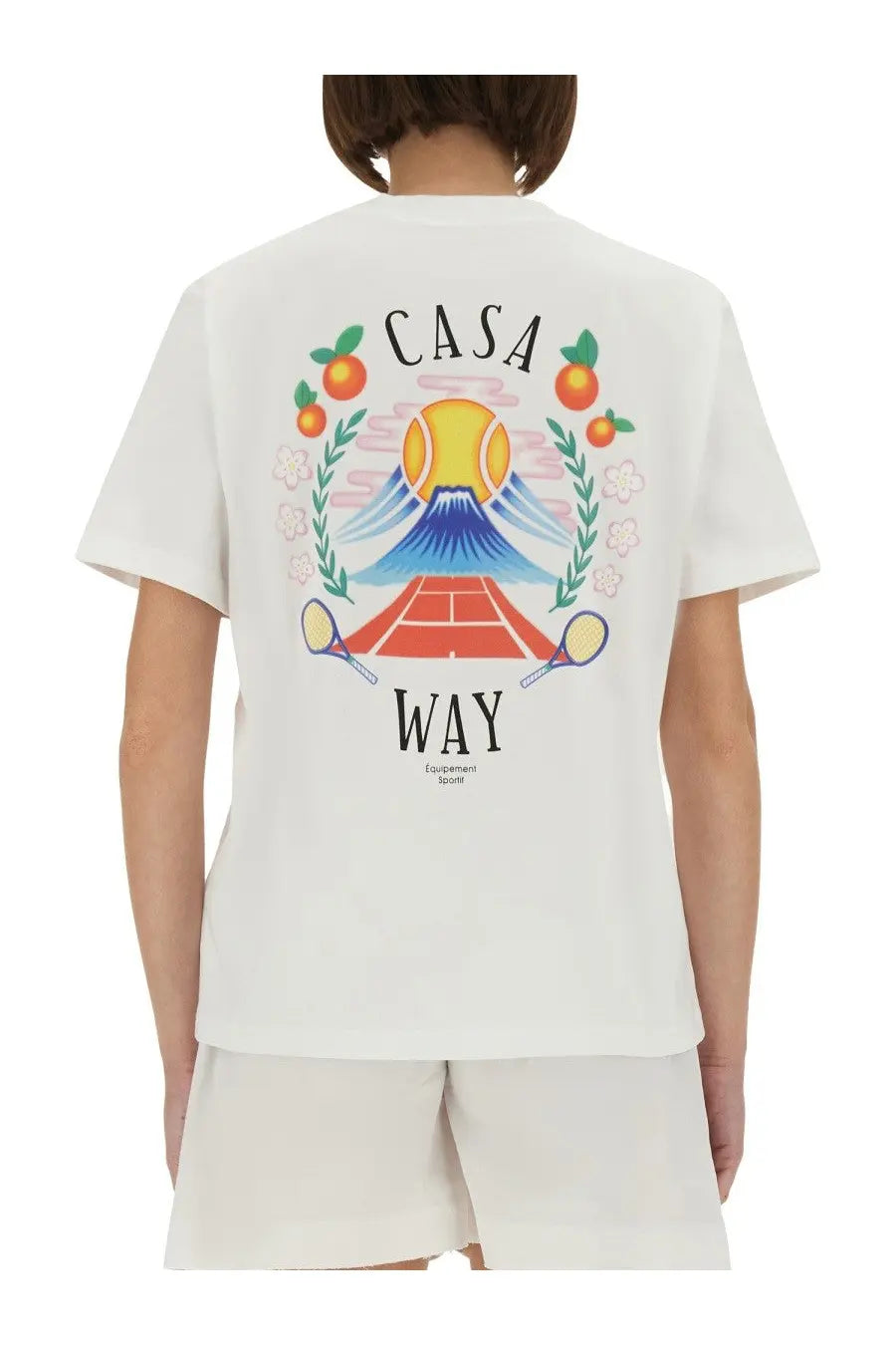 White cotton Casablanca women’s regular fit t-shirt back with colorful mount Fuji graphic tennis rackets and oranges