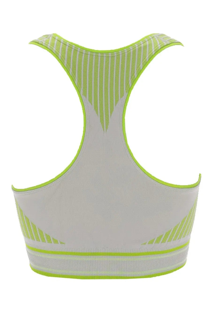 Casablanca women’s seamless bralette top grey showing neon green and white sports bra with mesh back and striped accents