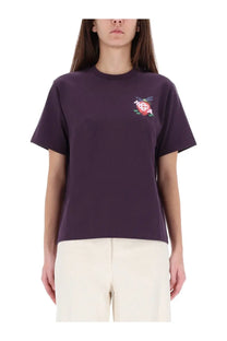 Casablanca women’s purple short-sleeved shirt with colorful embroidered floral design on the left chest
