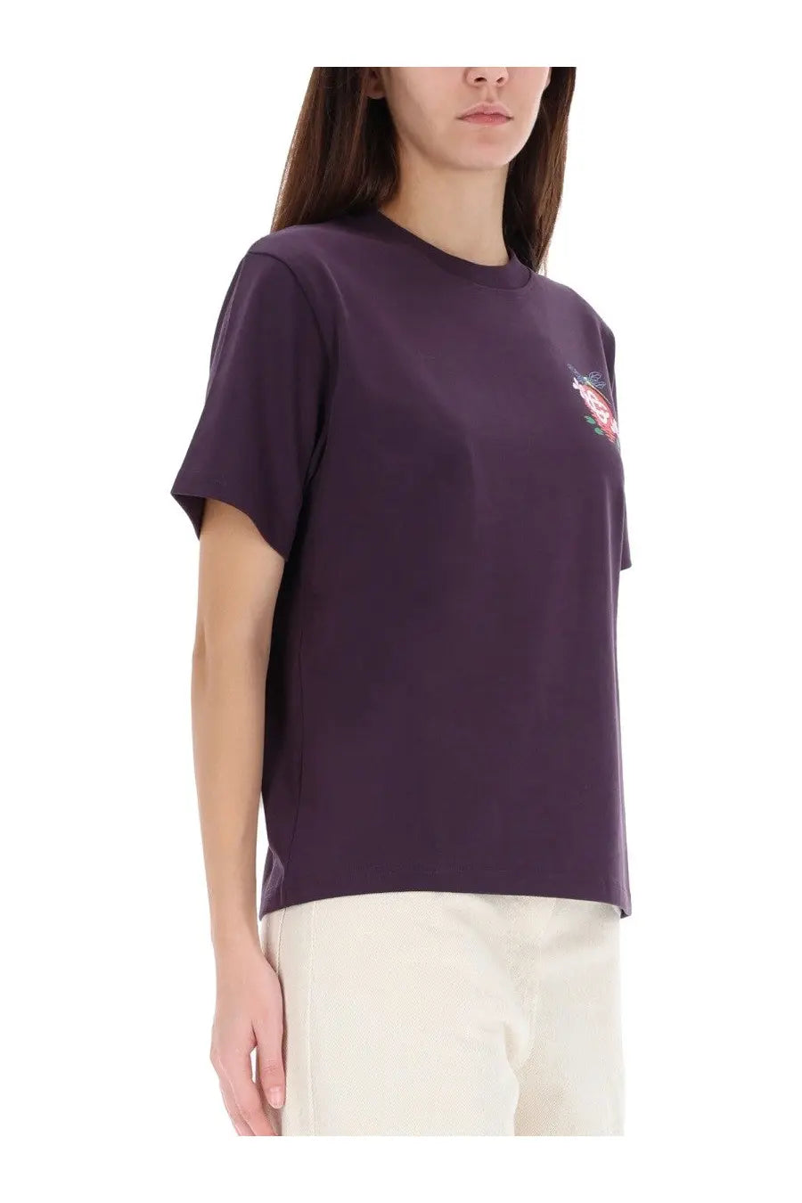 Casablanca women’s purple short-sleeved shirt with a small embroidered floral patch on the left chest