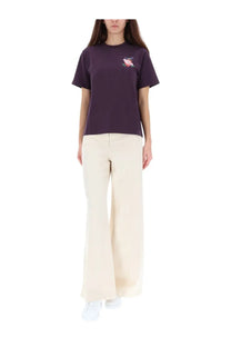 Casablanca women’s purple short-sleeved shirt with a small embroidered floral design on the left chest