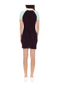 Casablanca women’s tennis dress purple with a dark purple knitted body light blue raglan sleeves and white collar