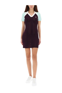 Casablanca women’s tennis dress in dark purple knit with light blue sleeves and white v-neck collar with ribbed texture