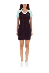 Casablanca women’s tennis dress in dark purple knit with light blue and white contrast collar and vertical ribbed texture