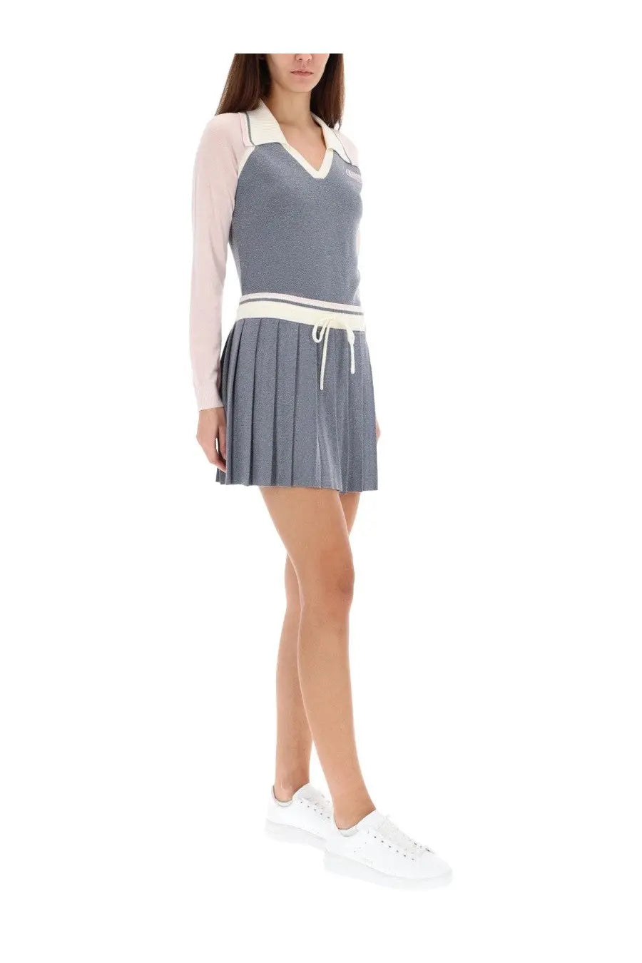 Casablanca women’s tennis skirt silver in gray pleated design with white drawstring waistband and matching collar detail