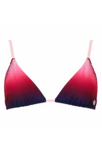 Casablanca women’s top bikini with aubergine gradient blue triangle cups and pink straps featuring geometric pattern