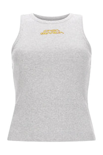 Casablanca women’s heather gray ribbed knit sleeveless top with small orange and yellow embroidered logo on chest