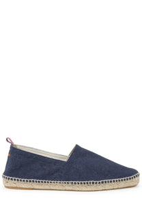 Navy blue canvas espadrille slip-on shoe with woven jute sole and black stitching by Castañer men’s espadrilla Pablo blue