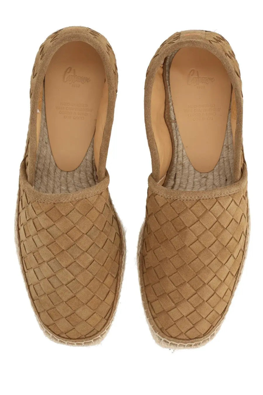 Tan woven espadrille slip-ons with braided leather upper and jute sole in castañer men’s espadrilla porto beige