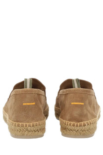 Tan suede espadrille loafers with braided jute sole and orange logo detail on the heel back from castañer men’s moccasin nacho beige
