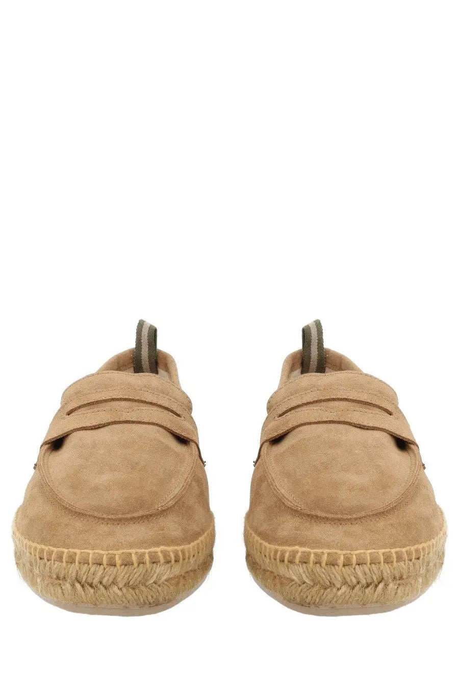 Castañer men’s moccasin nacho beige tan suede espadrille loafers with woven jute sole and striped pull tabs