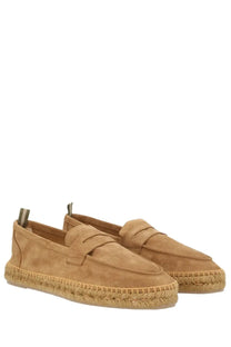 Tan suede loafers with woven espadrille sole castañer men’s moccasin nacho beige front view