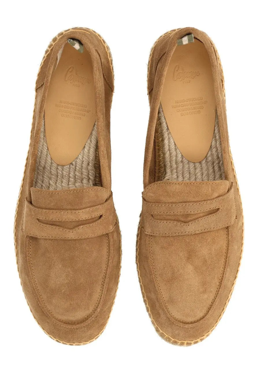 Tan suede loafers with woven espadrille sole and moccasin-style strap from castañer men’s moccasin nacho beige
