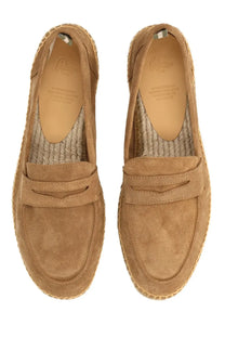 Tan suede loafers with woven espadrille sole and moccasin-style strap from castañer men’s moccasin nacho beige