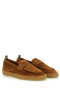 Brown suede espadrille loafers with woven jute sole and classic penny loafer design from Castañer men’s moccasin nacho brown