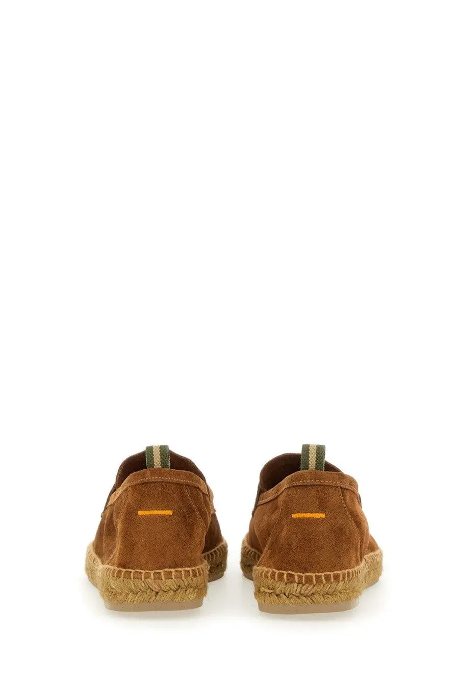 Castañer men’s moccasin nacho brown brown suede espadrille loafers with woven jute sole and orange stitching details