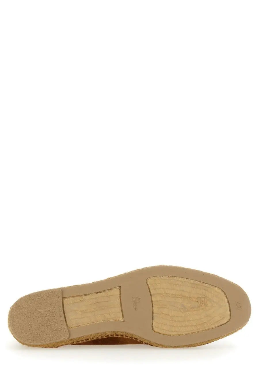 Back sole of castañer men’s moccasin nacho brown tan espadrille with woven jute texture and rubberized heel
