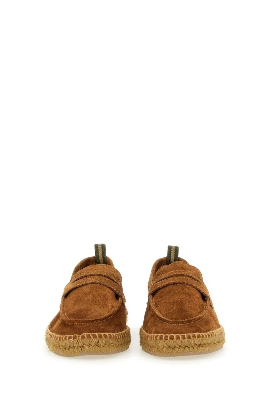 Castañer men’s moccasin nacho brown tan suede espadrille loafers with woven jute sole and green striped pull tabs
