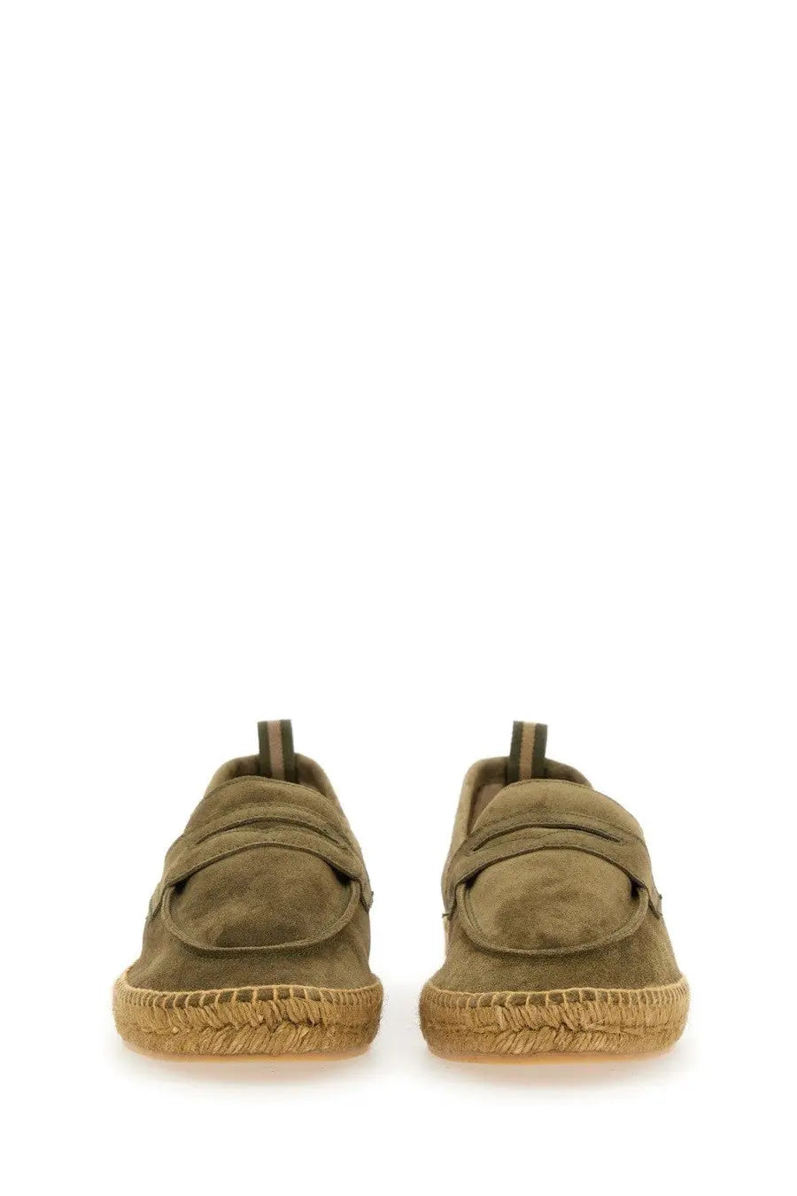 Castañer men’s moccasin nacho green olive green suede espadrille loafers with woven jute sole and slip-on design