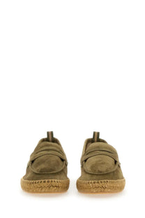 Castañer men’s moccasin nacho green olive green suede espadrille loafers with woven jute sole and slip-on design