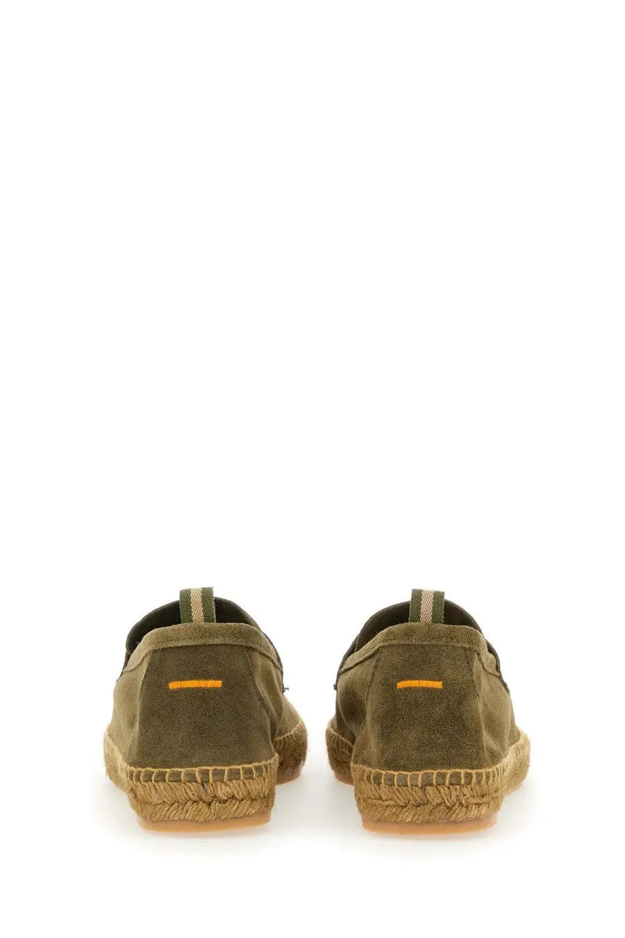 Castañer men’s moccasin nacho green olive suede espadrille slip-on shoes with woven jute sole and orange heel stripe