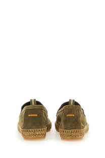 Castañer men’s moccasin nacho green olive suede espadrille slip-on shoes with woven jute sole and orange heel stripe