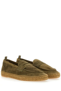 Castañer men’s moccasin nacho green olive green suede loafers with woven espadrille sole front view
