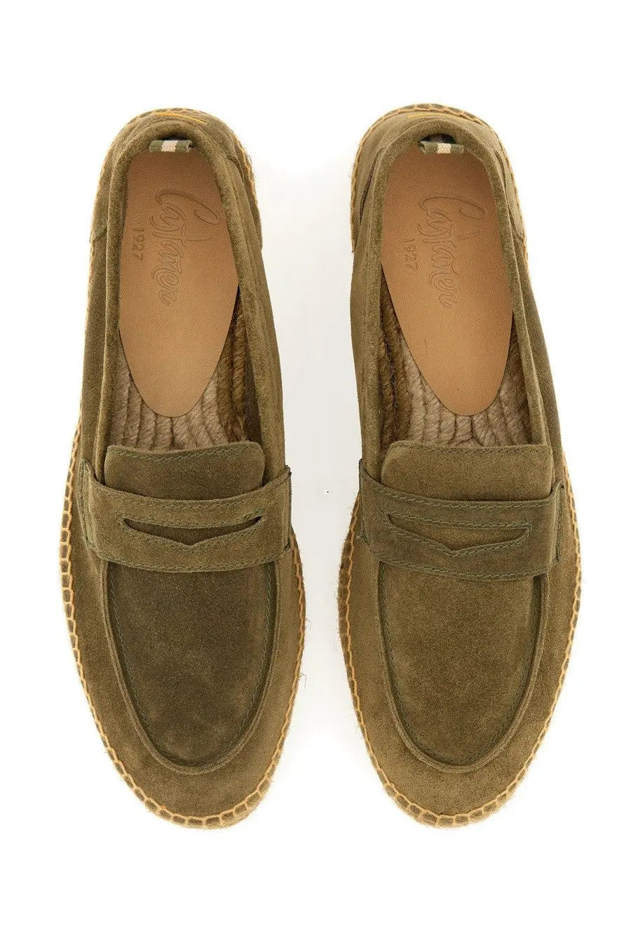 Olive green suede loafers with woven espadrille sole and slip-on design in castaner men’s moccasin nacho green