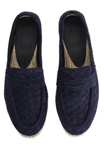Castañer men’s moccasin nile blue navy blue suede loafers with woven texture and espadrille style soles
