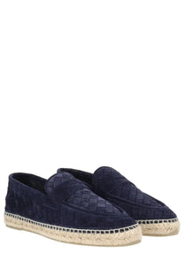 Castañer men’s moccasin Nile blue navy suede loafers with woven texture and espadrille style soles
