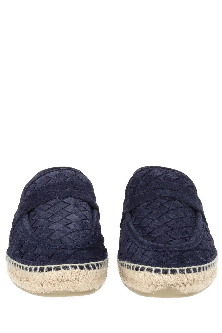 Castañer men’s moccasin nile blue navy blue woven leather espadrille loafers with braided jute sole front view